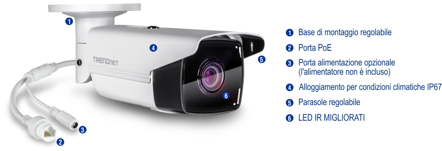 Una telecamera di sicurezza con braccio di montaggio e base articolati, una porta PoE, una porta di alimentazione opzionale, grado di protezione IP67, visiera parasole regolabile e LED IR migliorati. La fotocamera è bianca con una parte anteriore nera che ospita l'obiettivo e i LED. I cavi per l'alimentazione e il collegamento di rete sono visibili. Il nome del marchio TRENDnet è stampato sul lato della fotocamera.