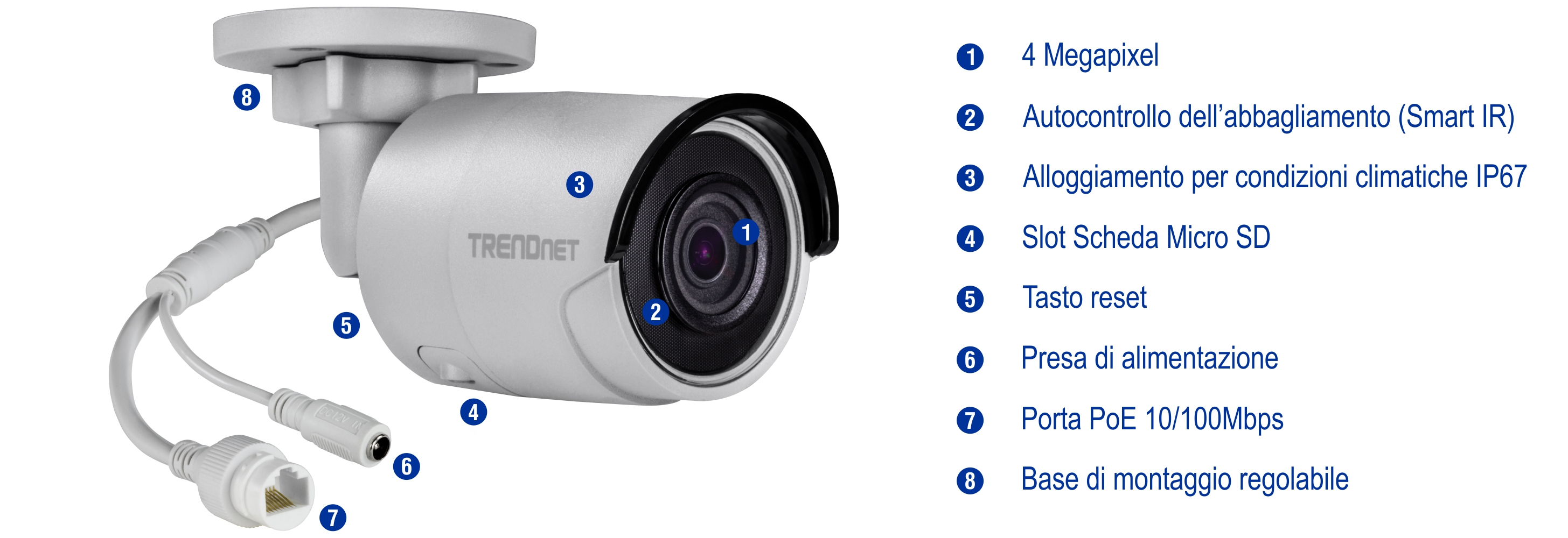 Viene mostrata una telecamera di sicurezza con obiettivo da 4 Megapixel e Smart IR. È classificato IP67 e include uno slot per schede Micro SD, un pulsante di ripristino, un jack di alimentazione, una porta PoE 10/100Mbps e una base di montaggio regolabile. La telecamera è collegata a un cavo con un jack di alimentazione e una porta Ethernet.