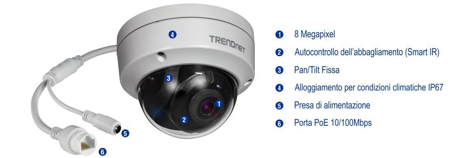 Una telecamera di sicurezza dome bianca etichettata TRENDnet, con risoluzione di 8 Megapixel, Smart IR, Pan/Tilt fisso, grado di protezione IP67, jack di alimentazione e porta PoE 10/100Mbps, con cavi che si estendono da essa.