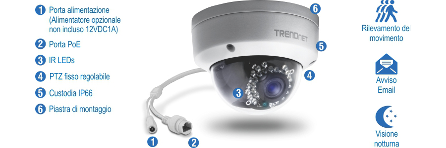 Una telecamera di sicurezza con vari componenti etichettati, tra cui una porta di alimentazione con un adattatore di alimentazione opzionale non incluso 12VDC1A, una porta PoE, LED IR, un PTZ fisso regolabile, un alloggiamento IP66 e una piastra di montaggio. La telecamera, con marchio TRENDnet, è dotata di rilevamento del movimento, avviso e-mail e visione notturna.
