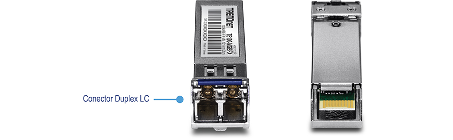 Módulo LC multimodo TRENDnet TE100-MGBFX 100Base-FX SFP. A vista esquerda exibe a parte frontal do módulo, destacando o conector duplex LC usado para conexões de fibra óptica. A vista direita mostra a parte traseira do módulo, onde os contatos elétricos são visíveis. Este módulo é relevante para aplicações de rede, particularmente para estabelecer conexões de fibra óptica em distâncias de até 2 quilômetros.