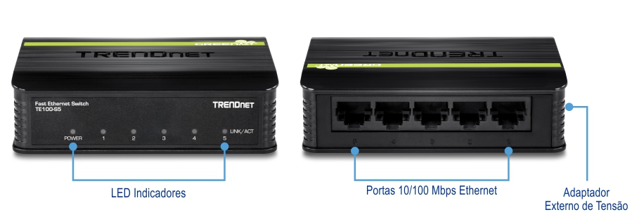 Um switch Fast Ethernet da TRENDnet modelo TE100-S5. A frente view exibe indicadores LED rotulados como Power, 1, 2, 3, 4 e Link/Act. A vista traseira mostra cinco portas Ethernet de 10/100 Mbps e uma entrada de energia. O dispositivo é preto com uma faixa verde e o logotipo da TRENDnet na parte superior.