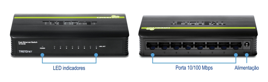 Um switch Fast Ethernet da TRENDnet modelo TE100-S8. A frente view exibe indicadores LED rotulados como Power e Link/Act. A vista traseira mostra oito portas 10/100 Mbps e uma entrada de energia. O dispositivo tem uma caixa preta com detalhes em verde e o logotipo da TRENDnet na parte superior.