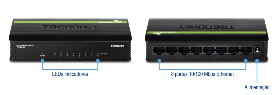 Duas visualizações de um switch TRENDnet TE100-S8 de 8 portas 10/100 Mbps GREENnet. A vista frontal exibe os indicadores LED, incluindo luzes de energia e link/atividade para cada uma das oito portas. A vista traseira mostra as oito portas Ethernet de 10/100 Mbps e a entrada de energia.