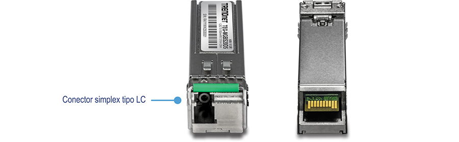 A ilustração mostra uma visão de duas imagens do módulo LC monomodo de comprimento de onda duplo SFP. À esquerda está a vista superior com uma etiqueta para o conector simplex do tipo LC e à direita está a vista inferior.