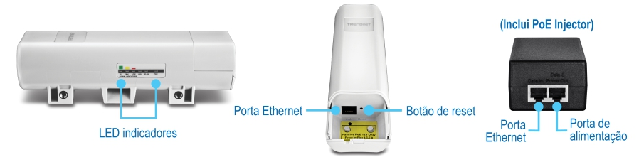 Várias visualizações do roteador WiFi N300 TEW-731BR. À esquerda está a vista frontal com etiquetas numeradas para indicadores LED e antena. À direita está a parte traseira view com rótulos numerados para WPS/Botão Reset, portas LAN, porta WAN e porta de alimentação.