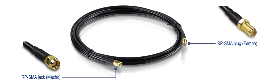 Cabo de antena RP-SMA macho para RP-SMA fêmea de baixa perda - 2 m (6,5 pés), TEW-L102, com conectores em ambas as extremidades. Uma extremidade tem um conector RP-SMA rotulado como macho e a outra extremidade tem um plugue RP-SMA rotulado como fêmea. Os conectores são dourados e o cabo é enrolado no centro.