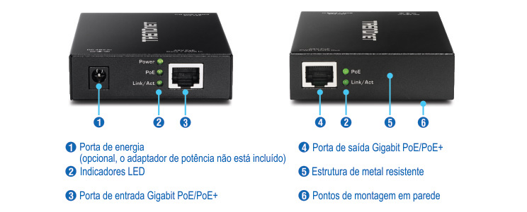 Duas visualizações de um dispositivo TRENDnet com componentes rotulados destacam a porta de alimentação, indicadores LED, porta de entrada Gigabit PoE/PoE+, gabinete de metal robusto, pontos de montagem na parede e um adaptador de energia opcional. Os indicadores LED exibem os status de energia, PoE e Link/Act.