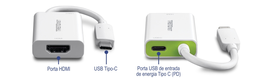 O dispositivo é um adaptador USB-C para HDMI com fornecimento de energia. Possui uma porta HDMI e um conector USB-C de um lado e uma porta de fornecimento de energia USB-C junto com outro conector USB-C do outro lado. O adaptador é marcado com o nome TRENDnet.