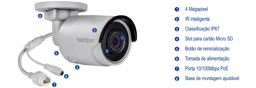 Uma câmera de segurança com lente de 4 megapixels e Smart IR é mostrada. É classificado como IP67 e inclui um slot para cartão Micro SD, um botão de reset, um conector de alimentação, uma porta PoE de 10/100Mbps e uma base de montagem ajustável. A câmera é conectada a um cabo com uma tomada de alimentação e uma porta Ethernet.
