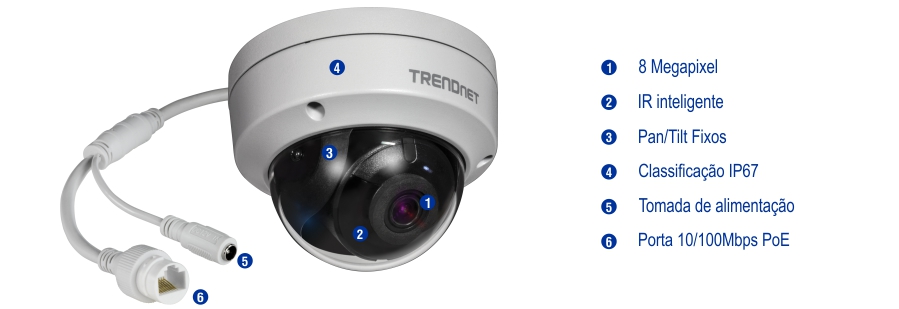 Uma câmera de segurança de cúpula branca rotulada TRENDnet, com resolução de 8 megapixels, Smart IR, Pan/Tilt fixo, classificação IP67 para intempéries, conector de alimentação e porta PoE de 10/100 Mbps, com cabos que se estendem a partir dela.