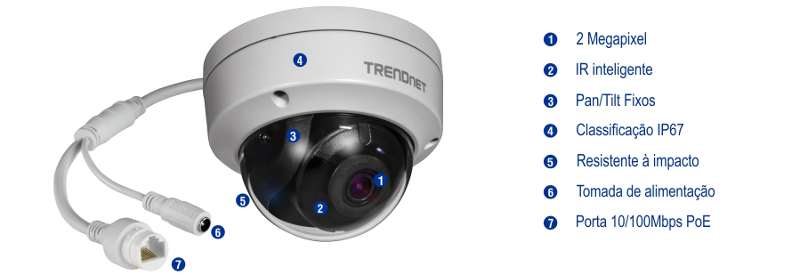 Uma câmera de segurança de cúpula branca rotulada TRENDnet é mostrada com vários recursos destacados. A câmera possui resolução de 2 megapixels, Smart IR e mecanismo fixo de pan/tilt. É classificado como IP67 e resistente a impactos. A câmera possui um conector de alimentação e uma porta PoE de 10/100 Mbps.