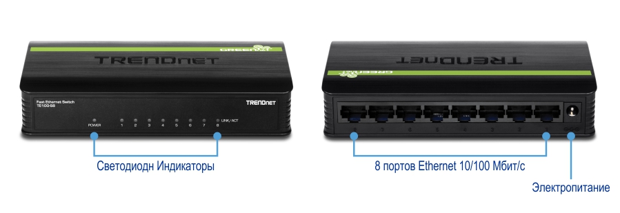Два вида 8-портового коммутатора GREENnet TRENDnet TE100-S8 10/100 Мбит/с. На переднем плане отображаются светодиодные индикаторы, в том числе индикаторы питания и связи/активности для каждого из восьми портов. На заднем плане показаны восемь портов Ethernet 10/100 Мбит/с и вход питания.