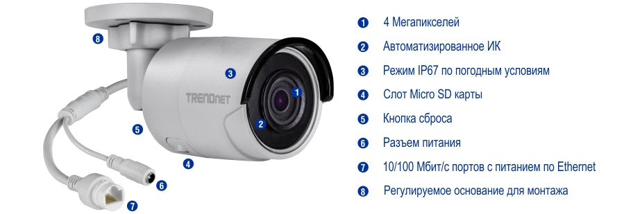 Показана камера видеонаблюдения с 4-мегапиксельным объективом и Smart IR. Он имеет класс защиты IP67 и включает в себя слот для карты Micro SD, кнопку сброса, разъем питания, порт PoE 10/100 Мбит/с и регулируемую монтажную базу. Камера подключается к кабелю с разъемом питания и портом Ethernet.