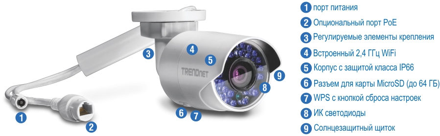 Камера видеонаблюдения с портом питания, опциональным портом PoE, регулируемым креплением, встроенным WiFi 2,4 ГГц, корпусом IP66, слотом для карт MicroSD с поддержкой до 64 ГБ, WPS с кнопкой сброса, ИК-светодиодами и солнцезащитным козырьком, фирменным TRENDnet.