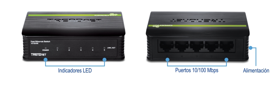 Un conmutador Fast Ethernet de TRENDnet con dos vistas: delantera y trasera. En la vista frontal destacan los indicadores LED y los puertos de 10/100 Mbps, mientras que en la vista trasera se muestran el puerto de alimentación y los puertos de 10/100 Mbps. Los indicadores LED están etiquetados como 1, los puertos 10/100 Mbps están etiquetados como 2 y el puerto de alimentación está etiquetado como 3.