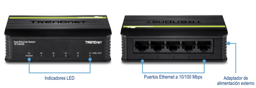 Un conmutador Fast Ethernet de TRENDnet modelo TE100-S5. La vista frontal muestra indicadores LED etiquetados como Encendido, 1, 2, 3, 4 y Enlace/Actuar. La vista trasera muestra cinco puertos Ethernet de 10/100 Mbps y una entrada de alimentación. El dispositivo es negro con una franja verde y el logotipo de TRENDnet en la parte superior.