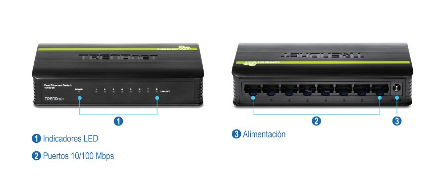 Dos vistas de un conmutador GREENnet TRENDnet TE100-S8 de 8 puertos y 10/100 Mbps. La vista frontal muestra los indicadores LED, incluidas las luces de encendido y de enlace/actividad para cada uno de los ocho puertos. La vista posterior muestra los ocho puertos Ethernet de 10/100 Mbps y la entrada de alimentación.