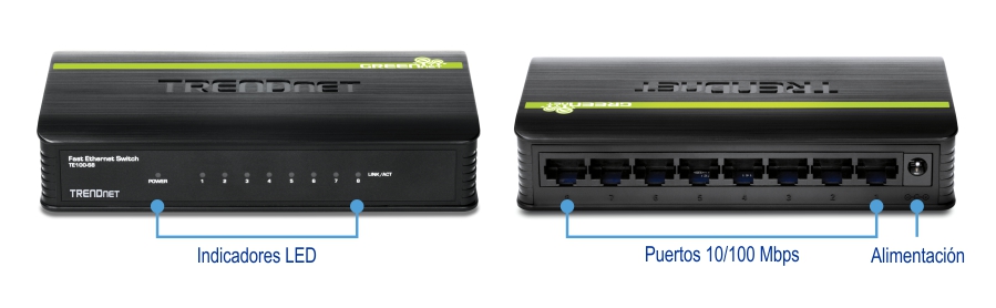 Un conmutador Fast Ethernet de TRENDnet modelo TE100-S8. La vista frontal muestra indicadores LED etiquetados como Power y Link/Act. La vista trasera muestra ocho puertos 10/100 Mbps y una entrada de alimentación. El dispositivo tiene una carcasa negra con detalles verdes y el logotipo de TRENDnet en la parte superior.
