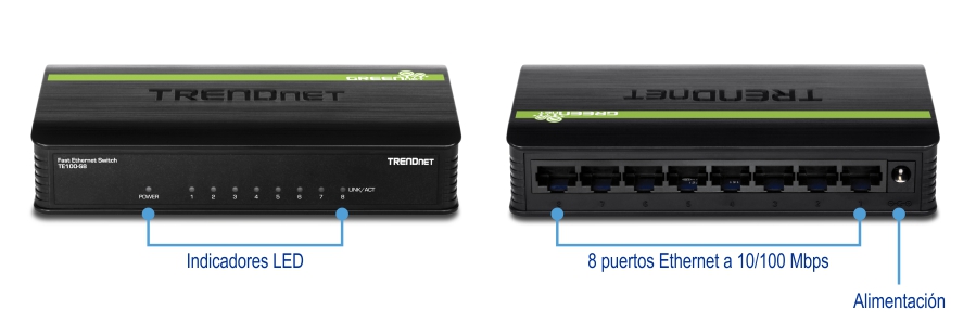 Dos vistas de un conmutador GREENnet TRENDnet TE100-S8 de 8 puertos y 10/100 Mbps. La vista frontal muestra los indicadores LED, incluidas las luces de encendido y de enlace/actividad para cada uno de los ocho puertos. La vista posterior muestra los ocho puertos Ethernet de 10/100 Mbps y la entrada de alimentación.