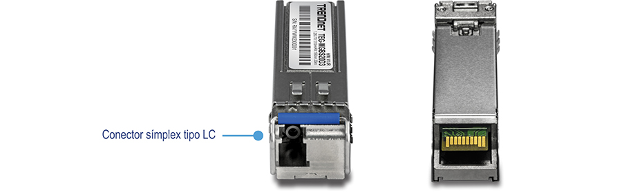La ilustración muestra una vista de dos imágenes del módulo LC monomodo de longitud de onda dual SFP. A la izquierda está la vista superior con una etiqueta para el conector simple tipo LC, y a la derecha está la vista inferior.