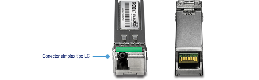 La ilustración muestra una vista de dos imágenes del módulo LC monomodo de longitud de onda dual SFP. A la izquierda está la vista superior con una etiqueta para el conector simple tipo LC, y a la derecha está la vista inferior.