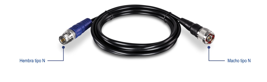 Una vista del cable macho tipo N a hembra tipo N - 2 m (6,5 pies), TEW-L402. El extremo izquierdo está etiquetado como N-Type Hembra y el extremo derecho está etiquetado como N-Type Macho.