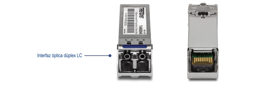Vista frontal de un módulo transceptor TRENDnet con una interfaz óptica LC dúplex para conexiones de fibra óptica. La vista trasera muestra la interfaz eléctrica con el dispositivo. Las líneas indican conectividad.
