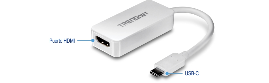 Un adaptador blanco con la marca TRENDnet cuenta con un puerto HDMI etiquetado como Puerto HDMI en un extremo y un conector USB-C etiquetado como USB-C en el otro extremo. Está diseñado para conectar dispositivos con puertos USB-C a pantallas con entradas HDMI.