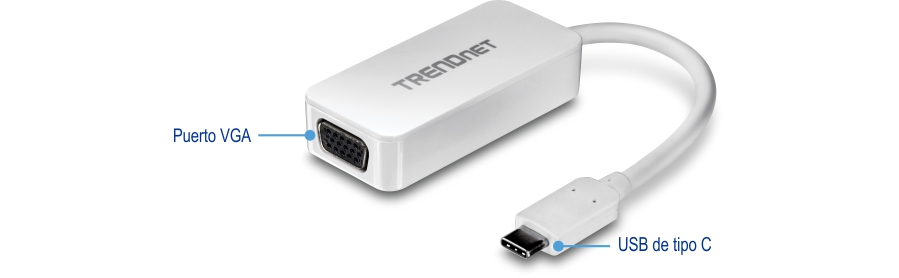Un adaptador TRENDnet blanco con un puerto VGA en un extremo y un conector USB-C en el otro extremo. El puerto VGA está etiquetado como puerto VGA y el conector USB-C está etiquetado como USB-C. Este adaptador está diseñado para conectar dispositivos con un puerto USB-C a una pantalla con una entrada VGA.