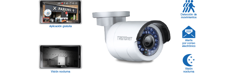 Una cámara de seguridad TRENDnet con varias características destacadas, incluido un diseño cilíndrico con LED infrarrojos para visión nocturna, detección de movimiento y capacidades de alerta por correo electrónico. La imagen también muestra capturas de pantalla de una aplicación móvil que muestran vistas en color y de visión nocturna.