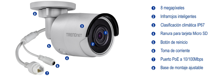 Una cámara de seguridad con una lente de 8 megapíxeles, Smart IR y una clasificación IP67 para el clima. Tiene una ranura para tarjetas Micro SD, un botón de reinicio, un conector de alimentación, un puerto PoE de 10/100 Mbps y una base de montaje ajustable. La cámara está conectada por cables con etiquetas que resaltan sus características y componentes.