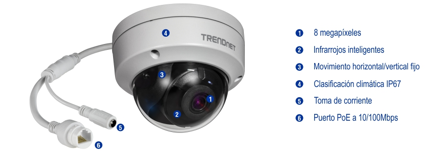 Una cámara de seguridad domo blanca etiquetada como TRENDnet, con resolución de 8 megapíxeles, Smart IR, Pan/Tilt fijo, clasificación climática IP67, conector de alimentación y puerto PoE de 10/100Mbps, con cables que se extienden desde él.