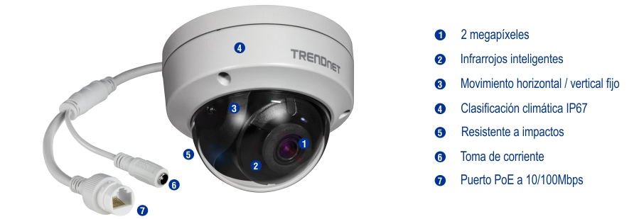 Se muestra una cámara de seguridad de cúpula blanca etiquetada como TRENDnet con varias características resaltadas. La cámara tiene una resolución de 2 megapíxeles, Smart IR y un mecanismo fijo de giro/inclinación. Tiene clasificación IP67 contra la intemperie y es resistente a los impactos. La cámara tiene un conector de alimentación y un puerto PoE de 10/100 Mbps.