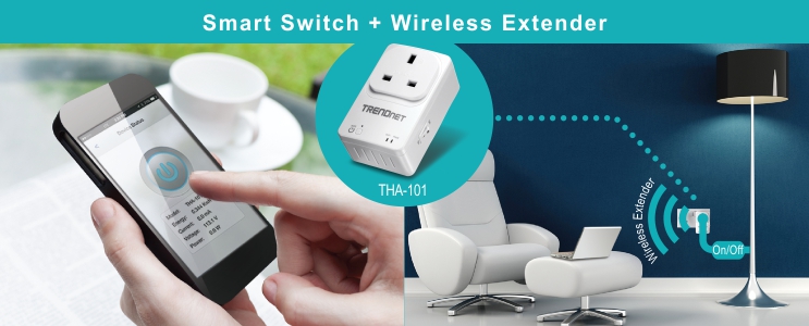 A person uses a smartphone to control a smart switch and wireless extender. The smartphone screen displays an application interface with a large power button and some text. In the background, there is a close-up of a TRENDnet THA-101 smart switch and wireless extender plugged into a wall socket. The smart switch is connected to a floor lamp, which can be turned on or off using the wireless extender. This setup highlights the convenience and functionality of remotely controlling home appliances through a smart device.