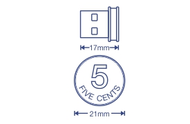A diagram shows the side view of a USB connector with a width of 17 millimeters. Below it, a top view of a coin inscribed with the number 5 and the words FIVE CENTS, measuring 21 millimeters in diameter.