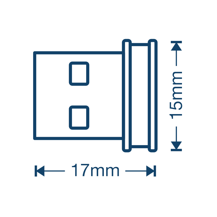 Linha ilustração da vista superior da arte de um micro adaptador de Bluetooth 5.0 USB. O adaptador é representado com suas medidas de largura e altura. Duas setas indicam as respectivas dimensões, com a largura rotulada como 17 mm e a altura como 15 mm.