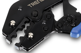 A close-up view of a black crimping tool with a blue handle. The tool has multiple crimping slots and screws visible on its surface.