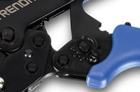 The close-up view shows a ratcheting tool with a blue handle. The tool features a black metal mechanism with multiple bolts and a gear-like component. The handle is ergonomically designed for grip and control.
