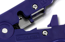 A close-up view shows a tool with a metal blade and screws. The tool has a label that reads NOT FOR STEEL. The blade is positioned to cut materials, and the tool appears designed for cutting wires or cables.