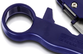 A close-up view of a blue plastic tool with a circular handle grip and a blade. The handle grip is designed for easy handling, and there is a warning text on the tool that reads DON'T PUT A FINGER ON THE BLADE. The tool appears to have a compact design, making it convenient for use.