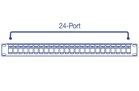 Line art of a front view of a 24-Port Blank Keystone Shielded 1U Patch Panel.