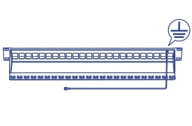 Schematic of a shielded housing design with rows of openings and a speech bubble emphasizing the importance of grounding.
