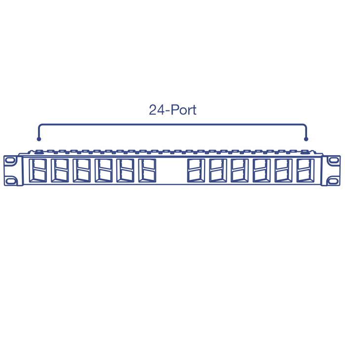 Line drawing of a 24-port network switch with rectangular ports labeled ‘24-Port’.