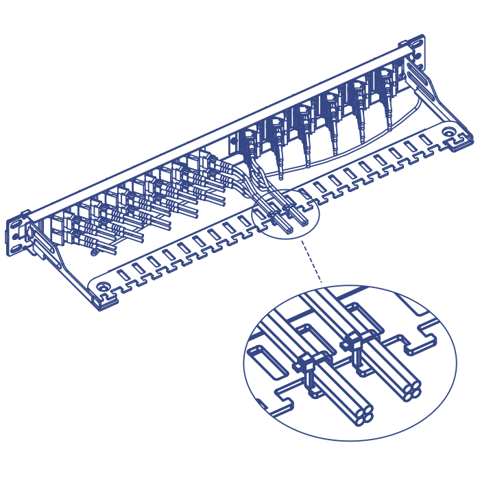 Line drawing of the back of the Angled Keystone Shielded 1U Patch Panel, zooming in on a cable management option.