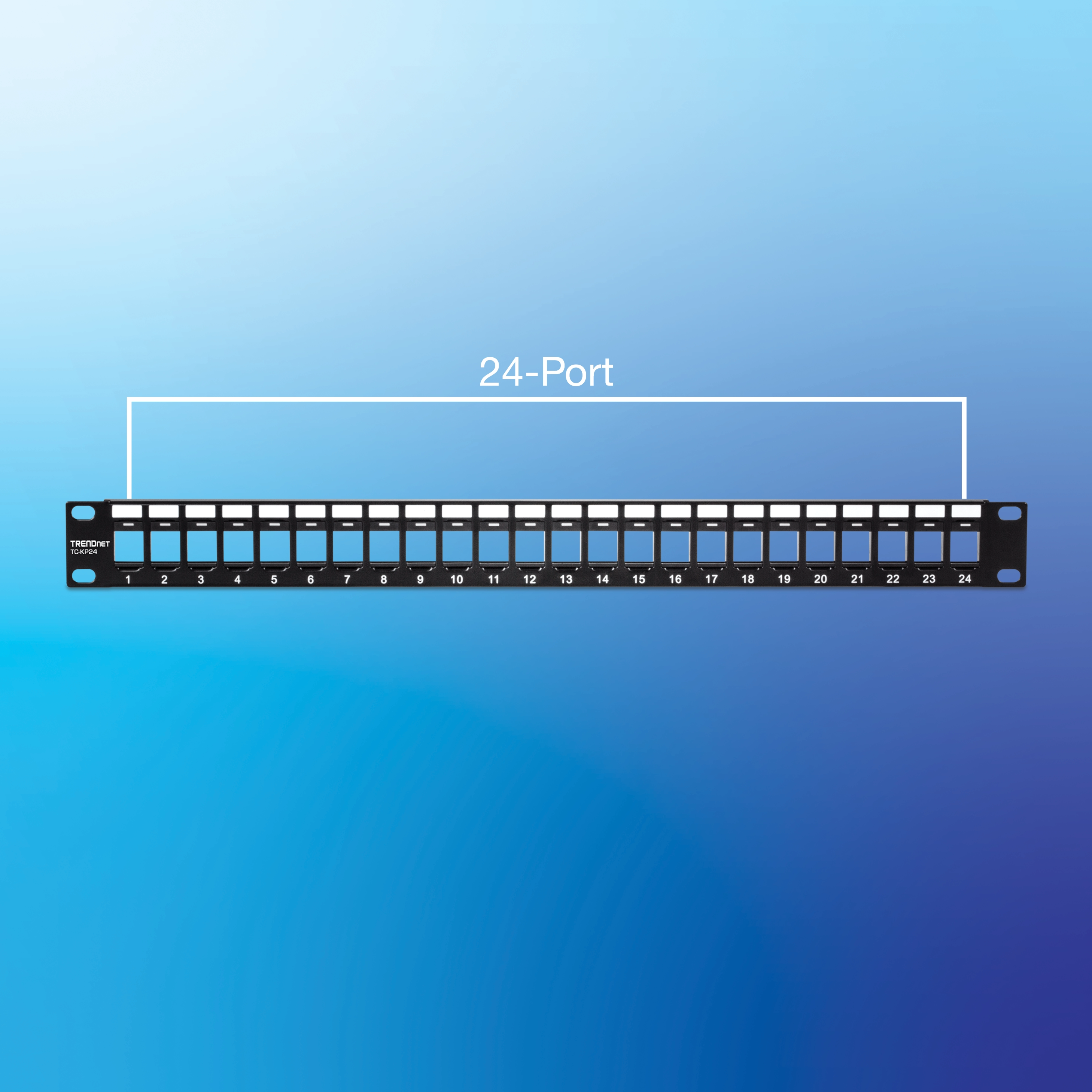 A 24-port patch panel displayed against a gradient blue backdrop features numbered ports from 1 to 24 with the brand name TRENDnet on the left side, designed for structured cable organization.