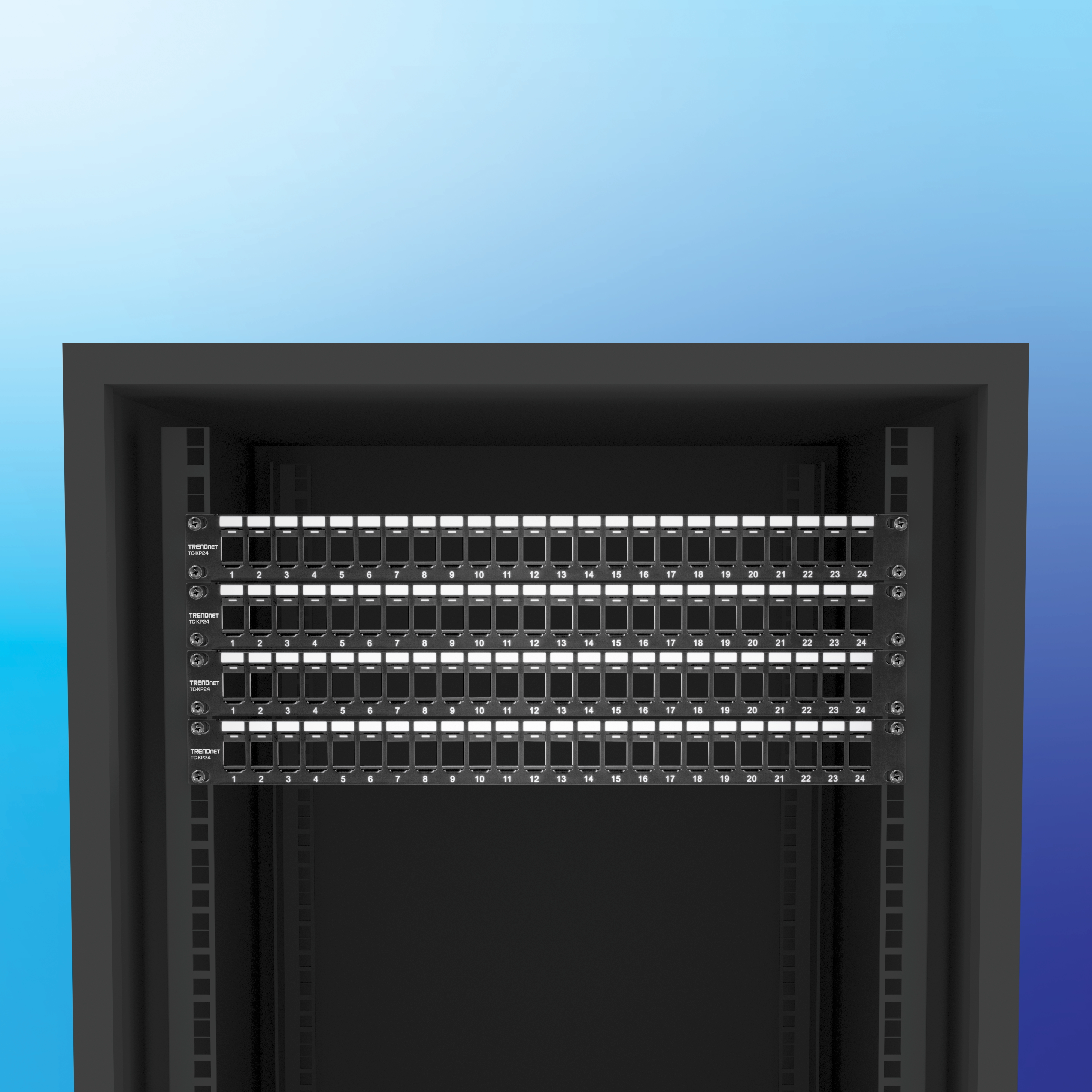 A black server rack contains four stacked network patch panels, each with 24 numbered Ethernet ports. The left side of each panel displays the TRENDnet logo, and the background transitions from light to dark blue in a smooth gradient.