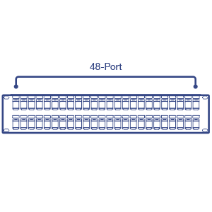 Line art of a front view of a 48-port blank keystone shielded 2U HD patch panel.