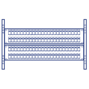 48-Port Blank Keystone Shielded 2U HD Patch Panel mounted on a rack. It has 48 rectangular ports in a metal frame with clear numbering for easy identification.