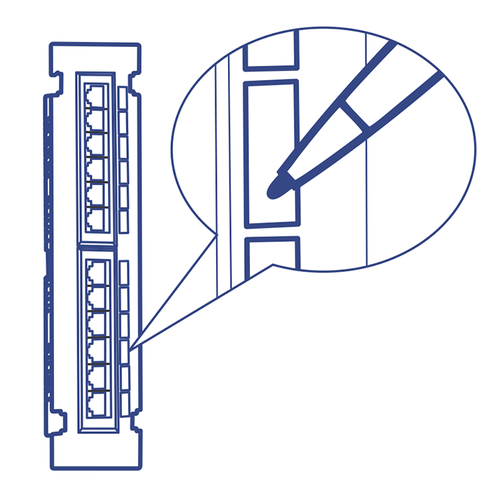 A minimalist graphic of a pencil and speech bubble with architectural elements, showing a writing area above each port for labeling connections on a patch panel.